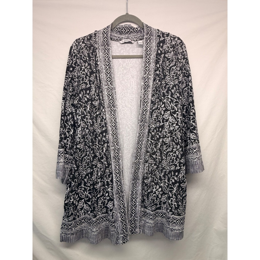 Isaac Mizrahi Live Womens Black White Floral Open Front Cardigan Size M